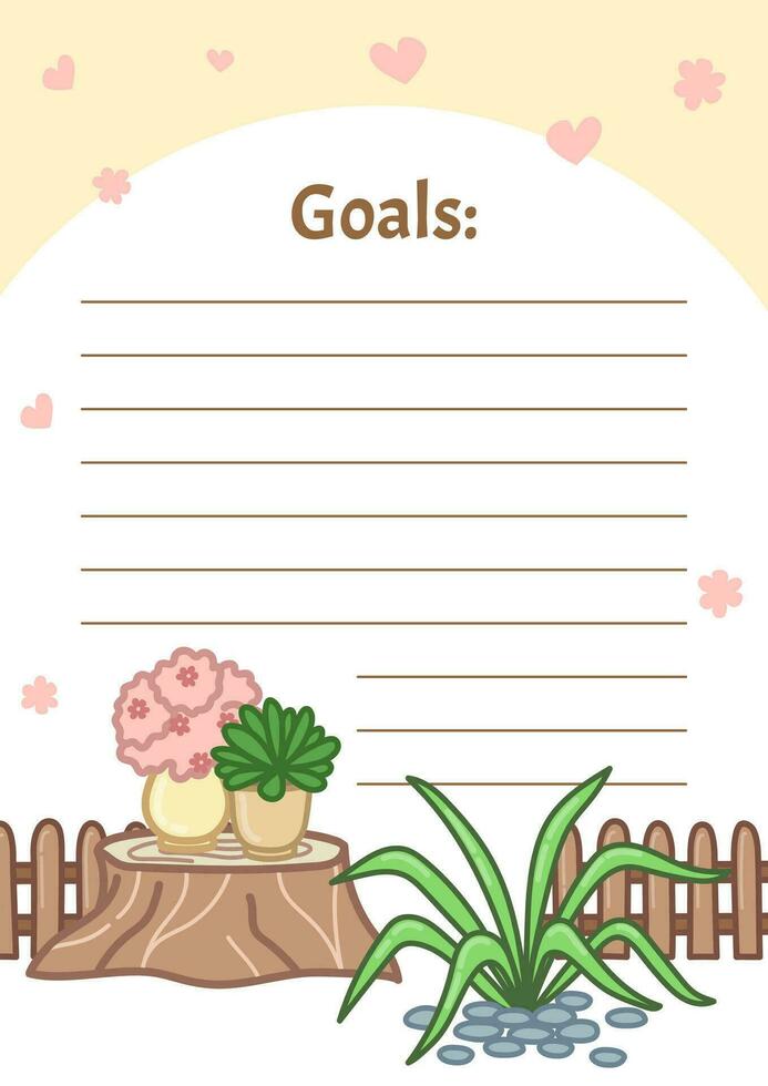 Cute planner with garden in cartoon style. Goals list. Note card for notes. Design template. Vector. vector