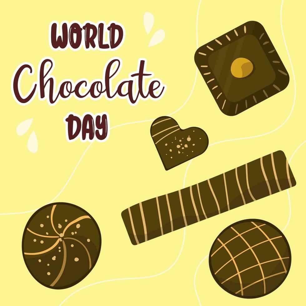 World chocolate day design template. Chocolate blocks. Post with chocolate desserts. Vector illustration in cartoon style