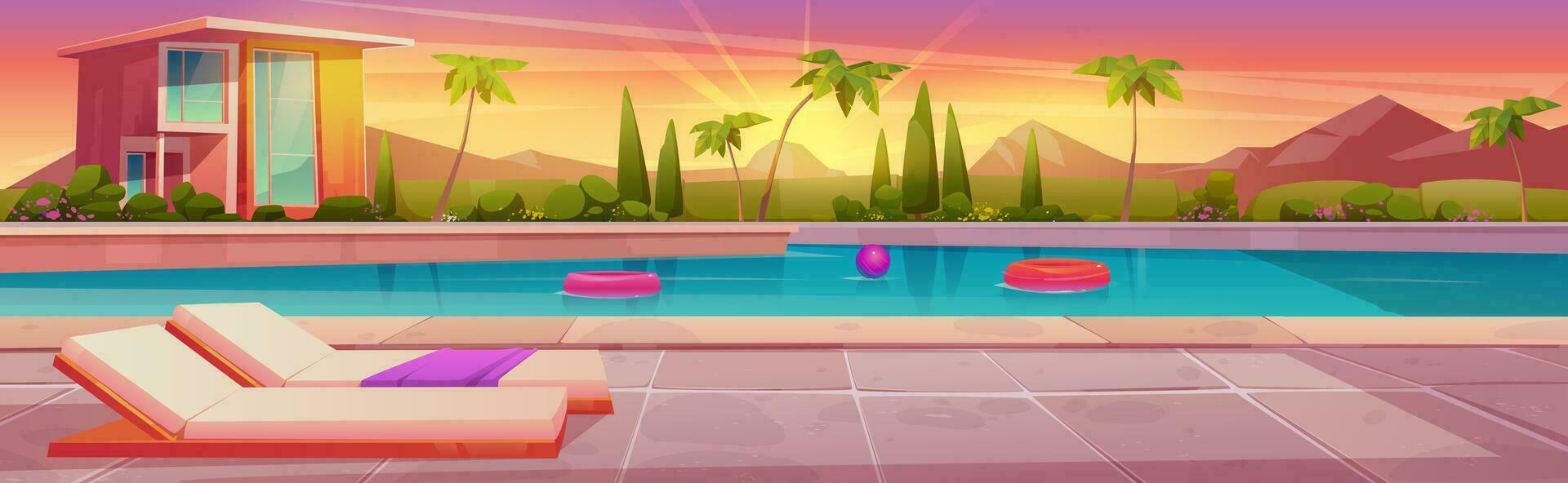 Cartoon swimming pool near villa at sunset vector