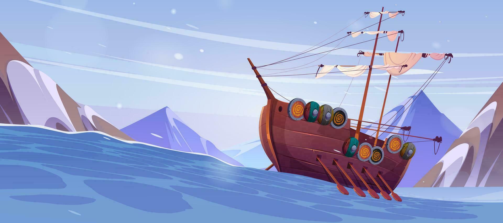Cartoon viking ship floating in stormy sea vector