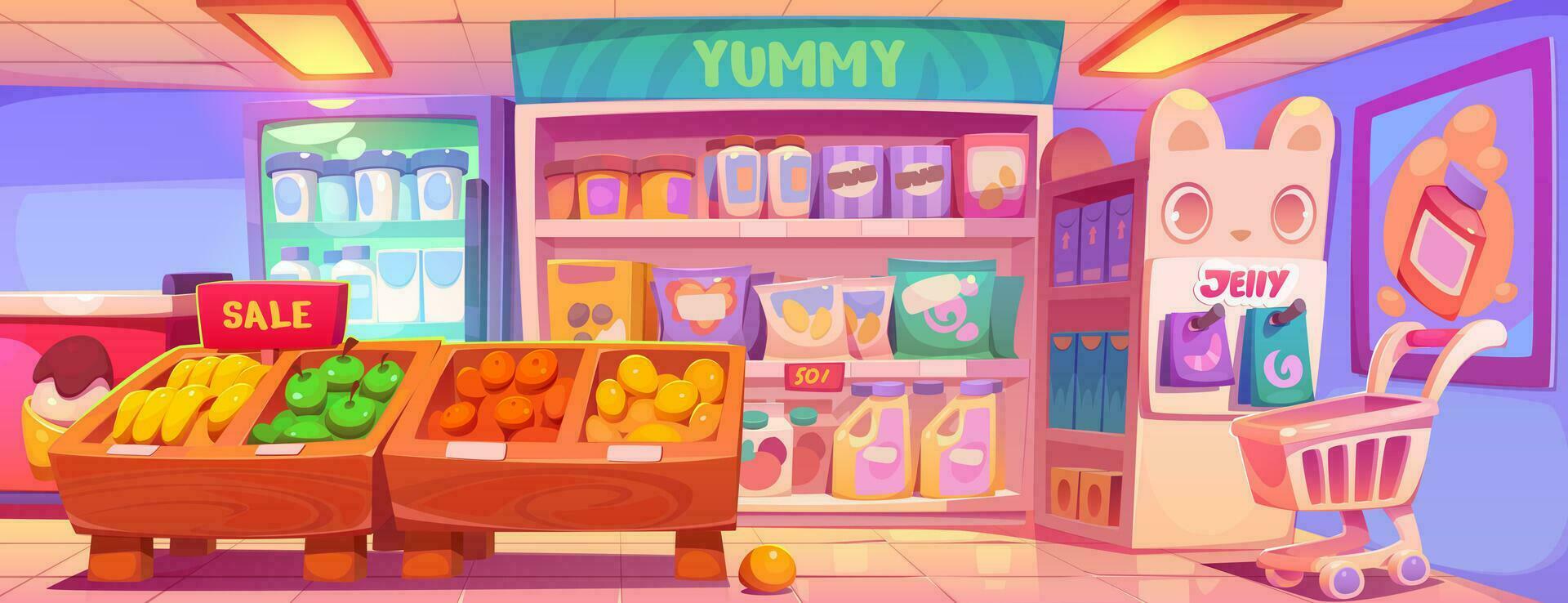 Cartoon grocery store with kawaii style goods vector