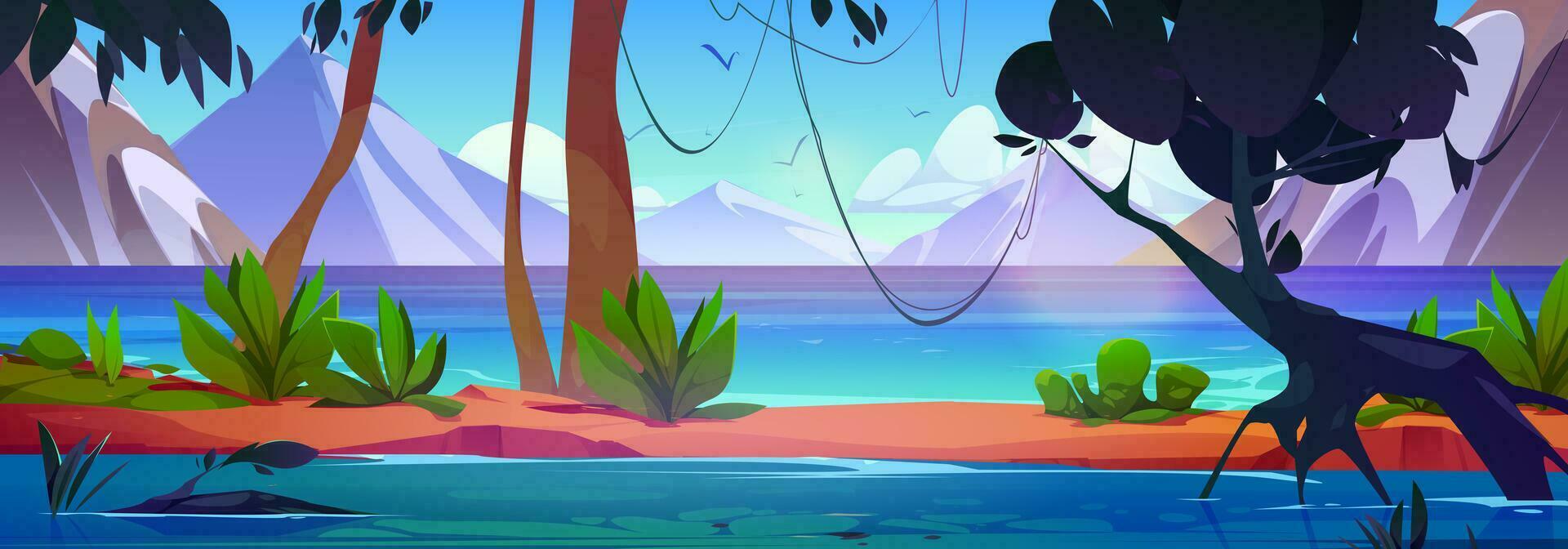 dibujos animados montaña paisaje con lago, selva vector