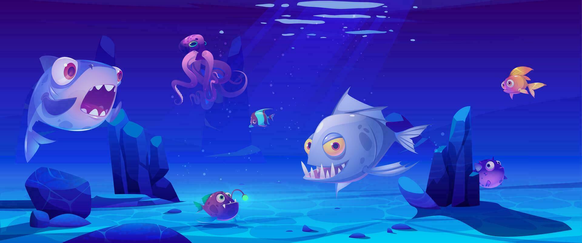 Sea underwater cartoon vector scene with fish