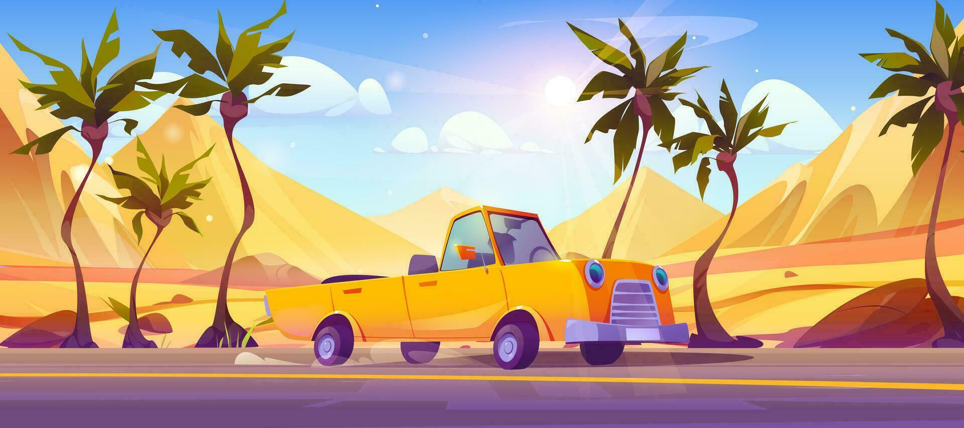 Convertible car drive road in mountain sand desert vector