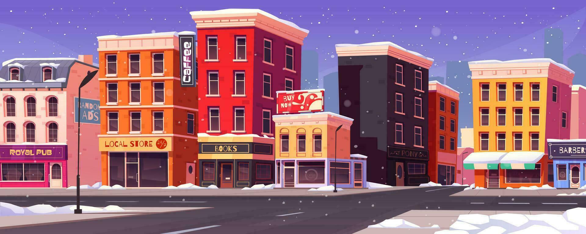 invierno ciudad con nieve en calle y casa fachada vector