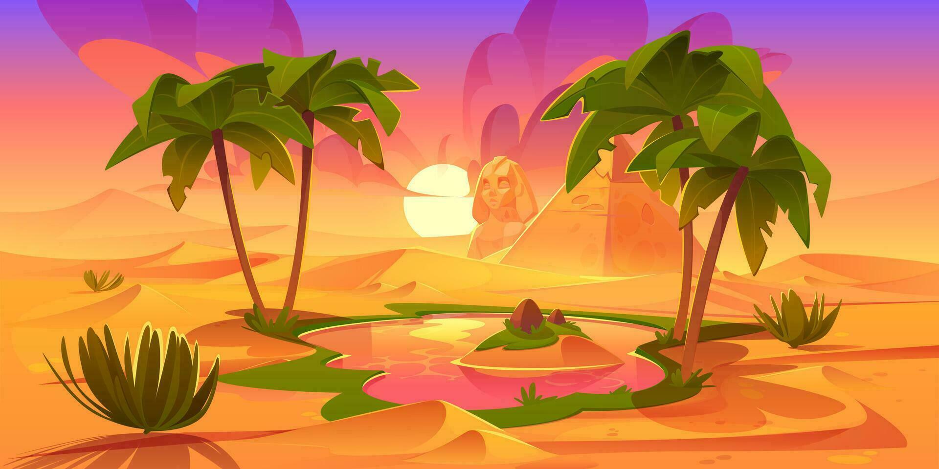 Cartoon oasis in sandy desert with pyramids vector