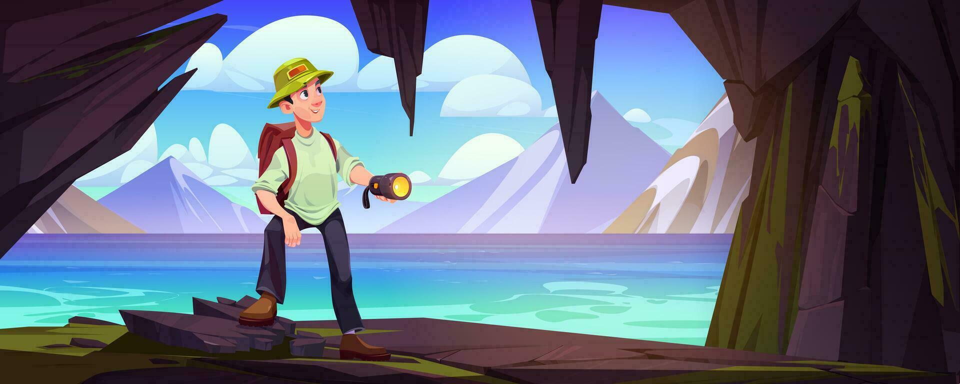 Mountain landscape from cave view with man inside vector