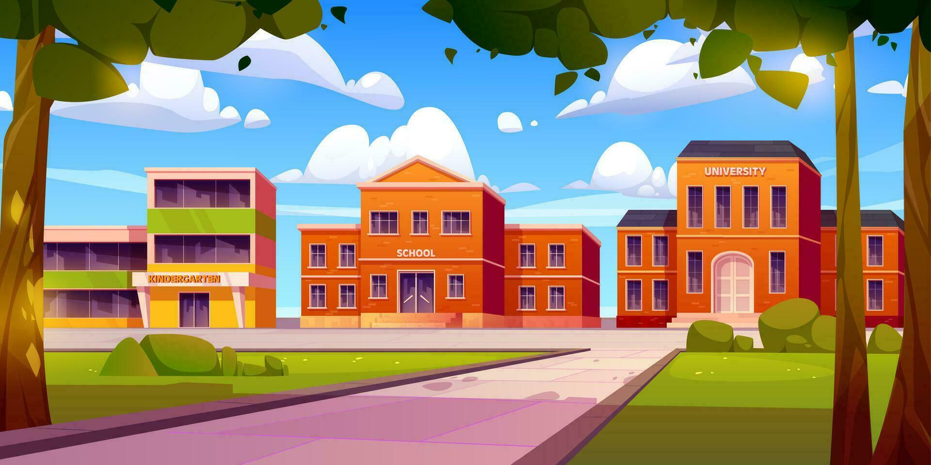 Cartoon school, kindergarten, university buildings vector