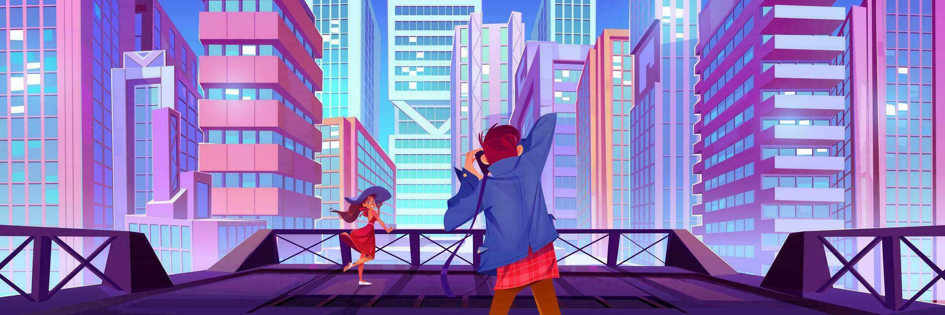 Rooftop on city building scene, woman take photo vector