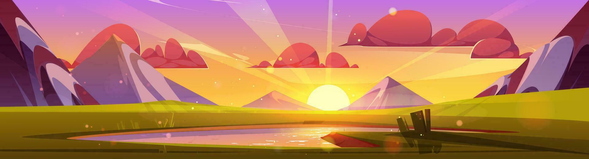 Cartoon sunrise above lake in mountain valley vector