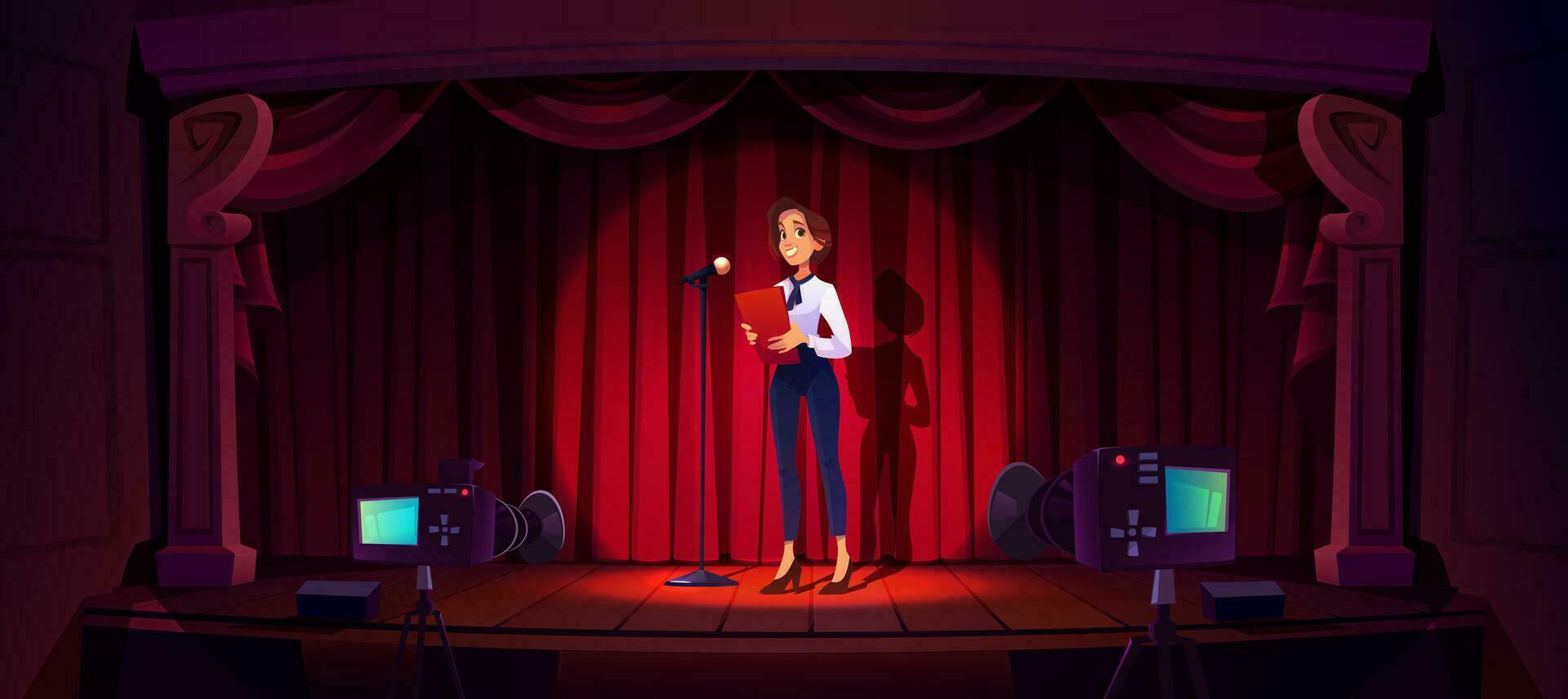 Female presenter smiling near microphone on stage vector