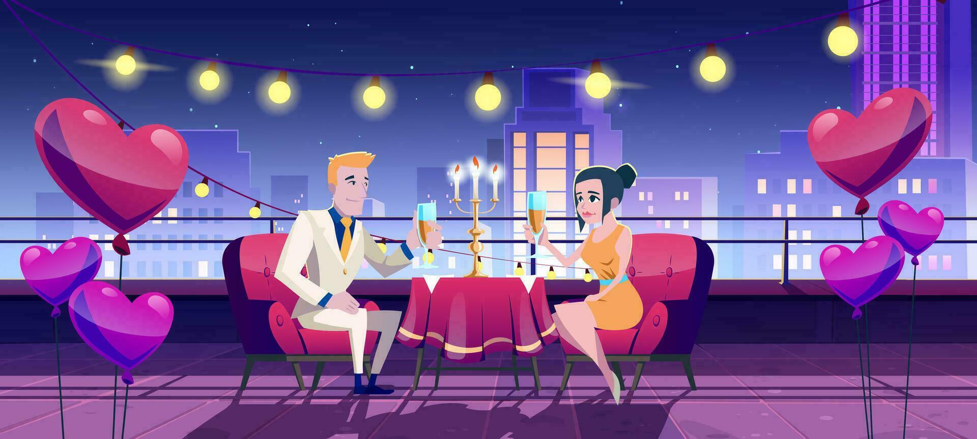 romántico cena fecha a noche en ciudad terraza vector