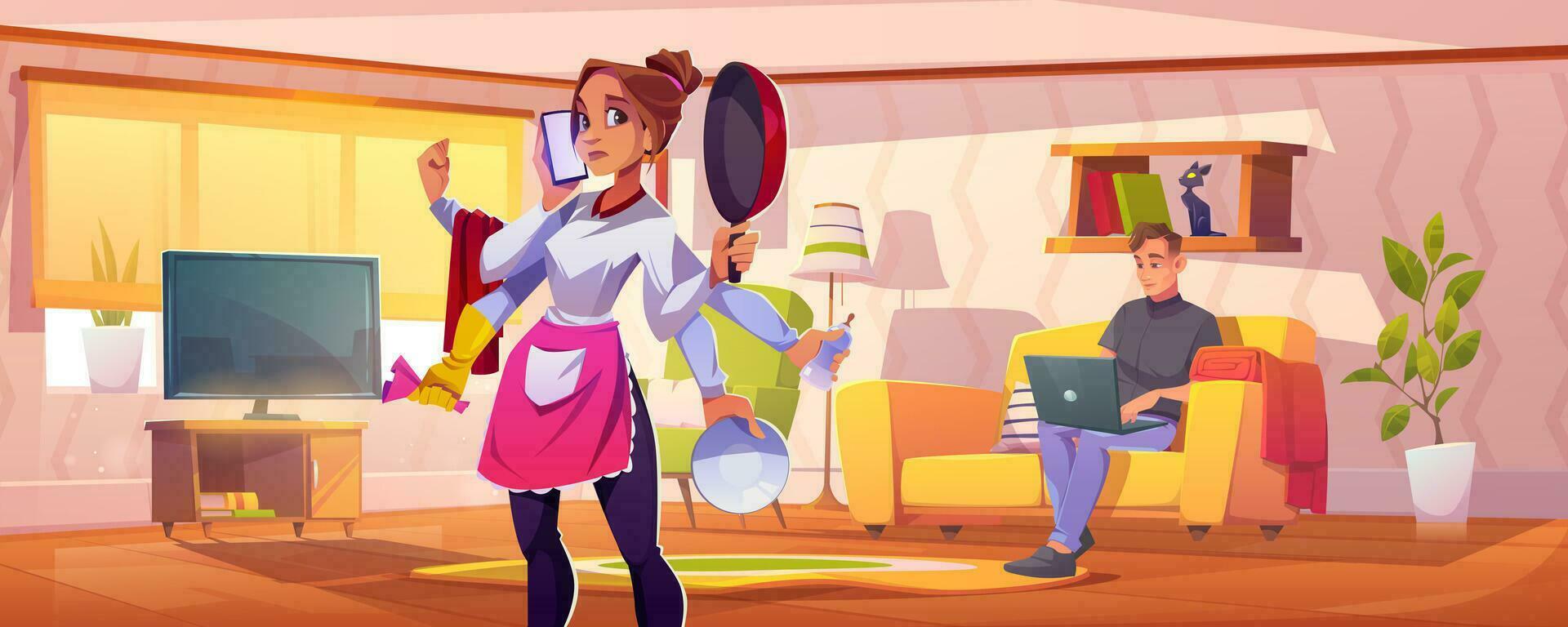 Busy woman housewife tired cartoon illustration vector