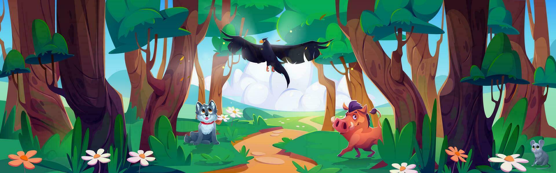 dibujos animados bosque paisaje con contento salvaje animales vector