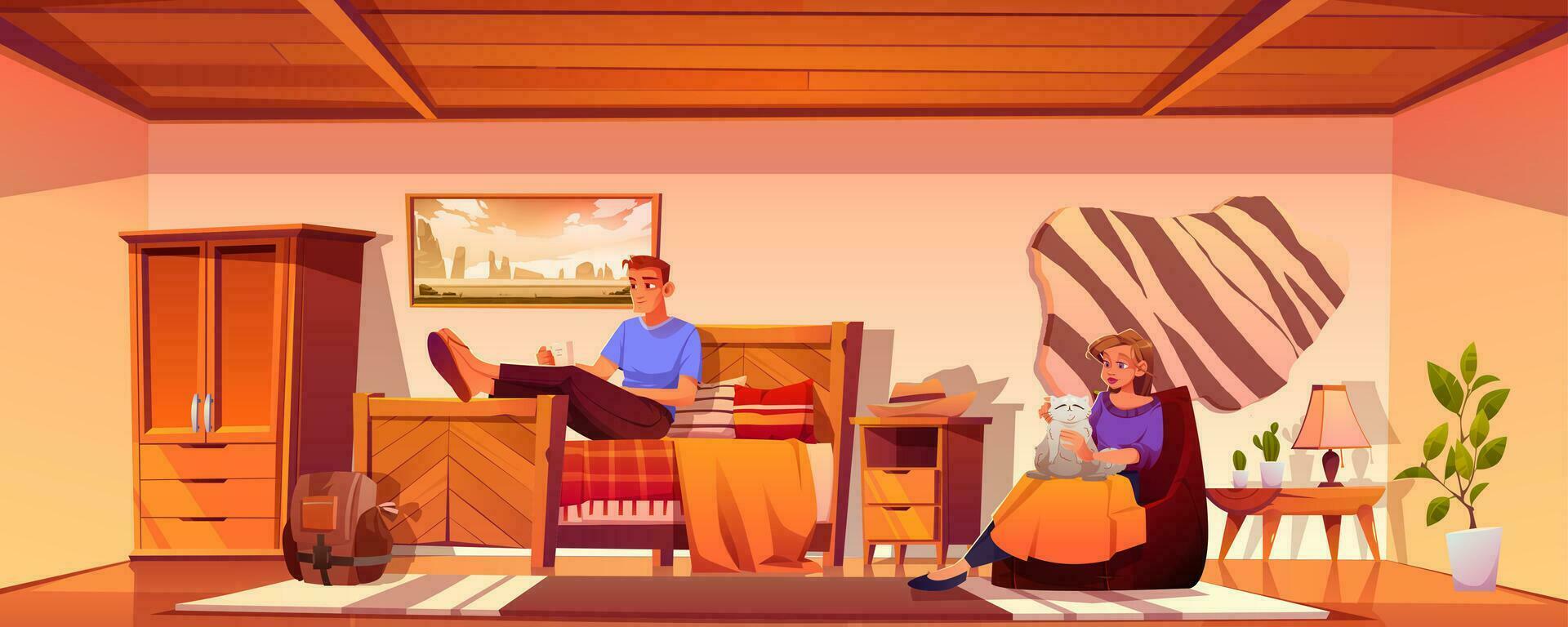 mujer con gato y hombre en dormitorio ilustración vector