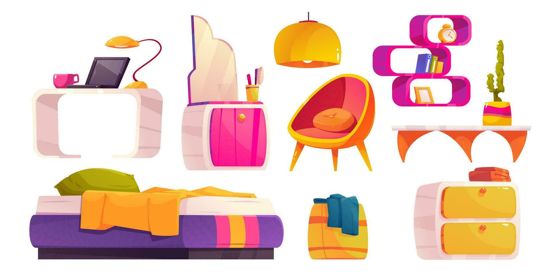 Girl bedroom interior with bed, laptop on desk vector