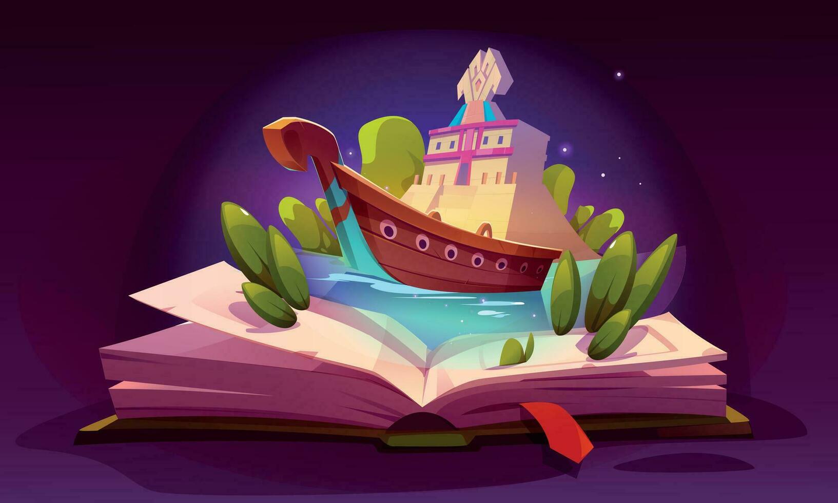 Open book about ship fairy tale adventure to read vector