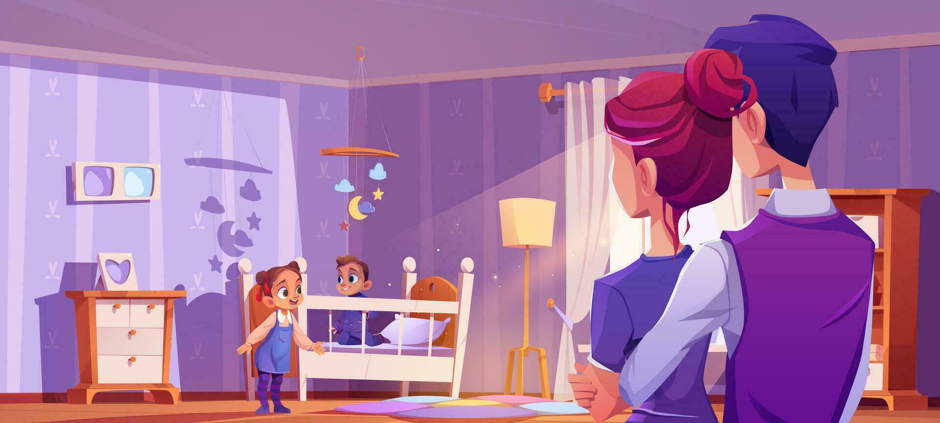 Baby bedroom interior and parents watching on kid vector