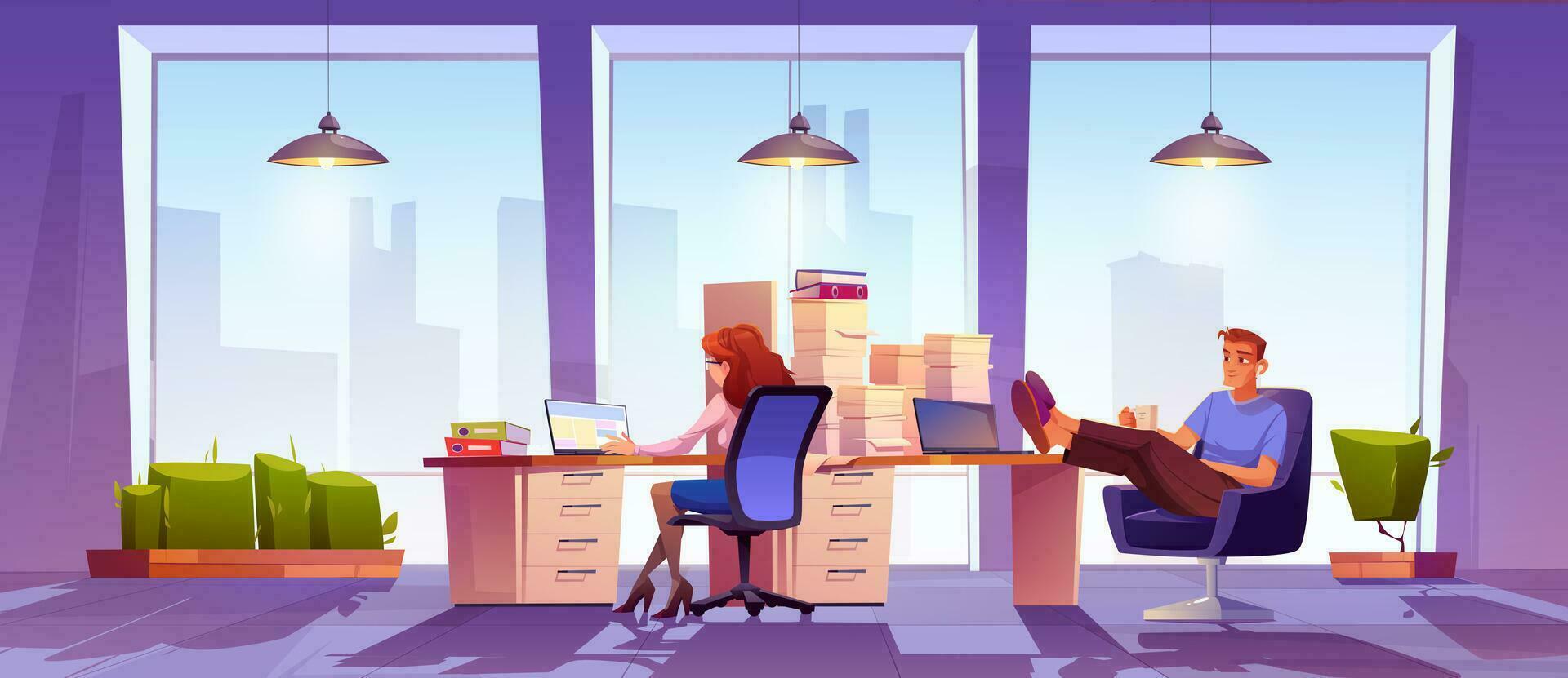 Diligent female and lazy male office employees vector