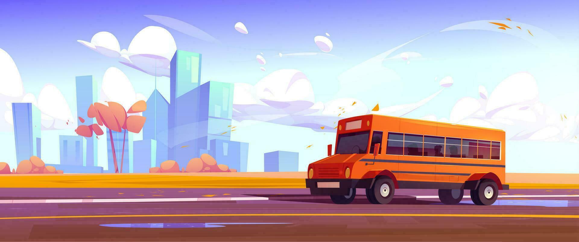 School bus on autumn city street illustration vector