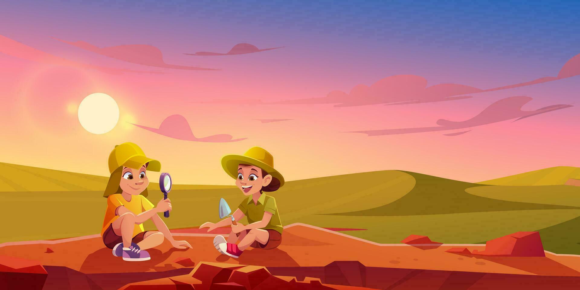 Archaeologist kid boy dig and explore on sunrise vector