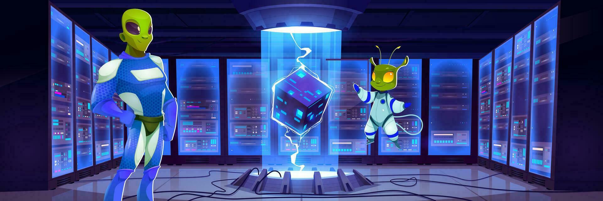 Alien team in spaceship data center room vector