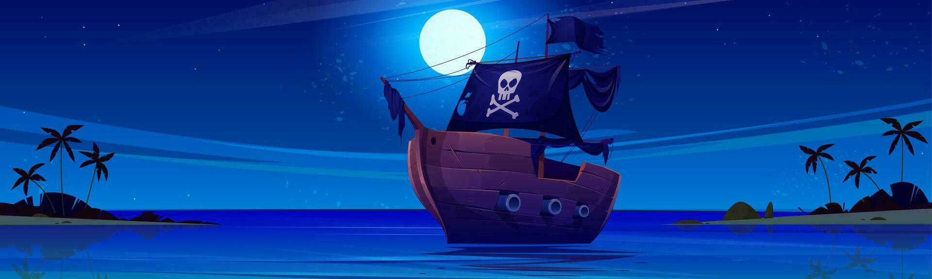 Pirate ship at night near sea island beach cartoon vector