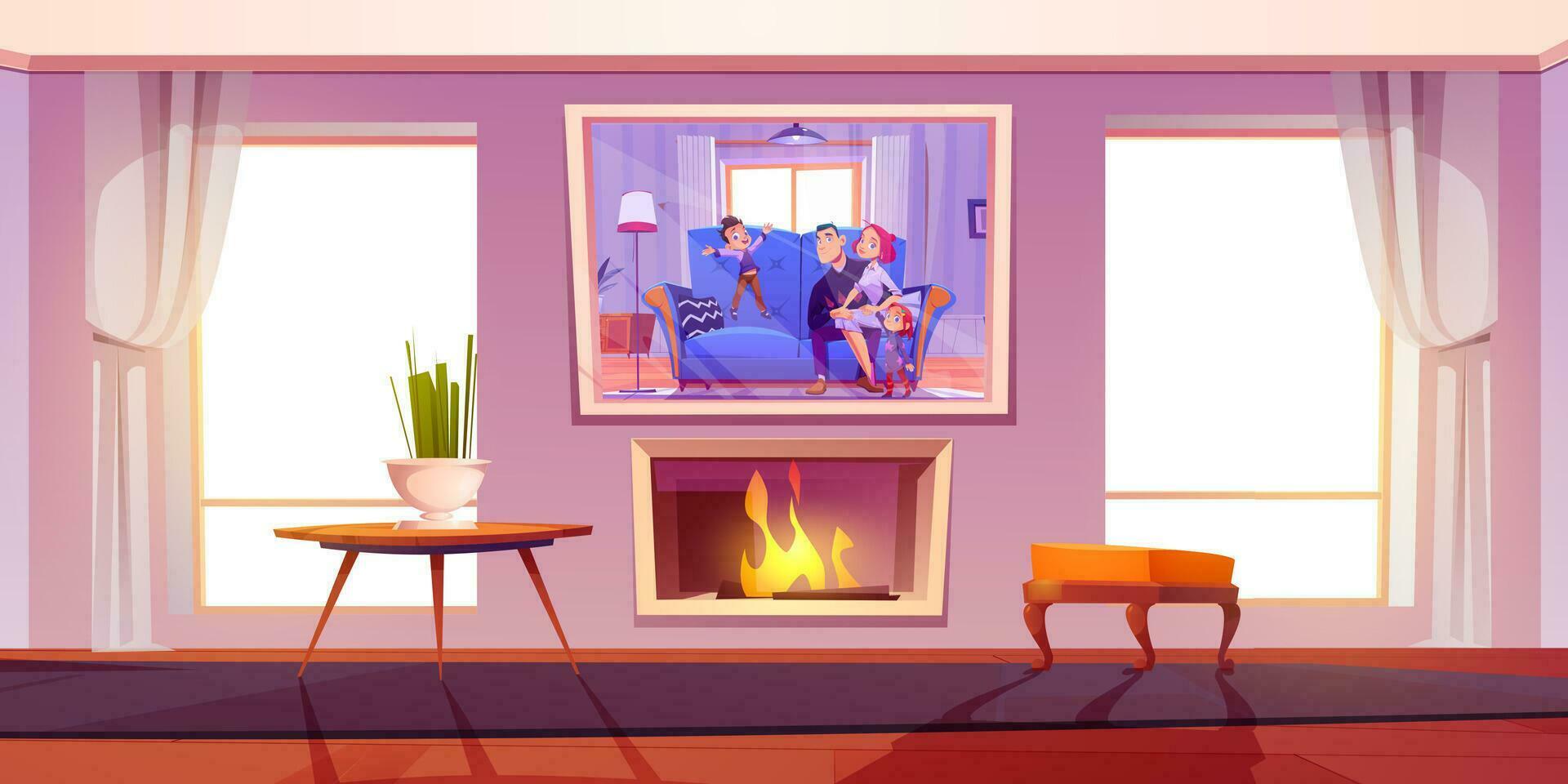 Living room with fireplace and family portrait vector