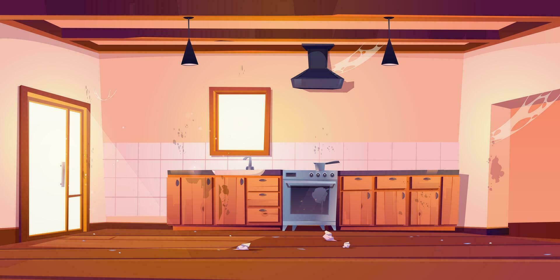 Untidy kitchen with dirty furniture and cobweb vector