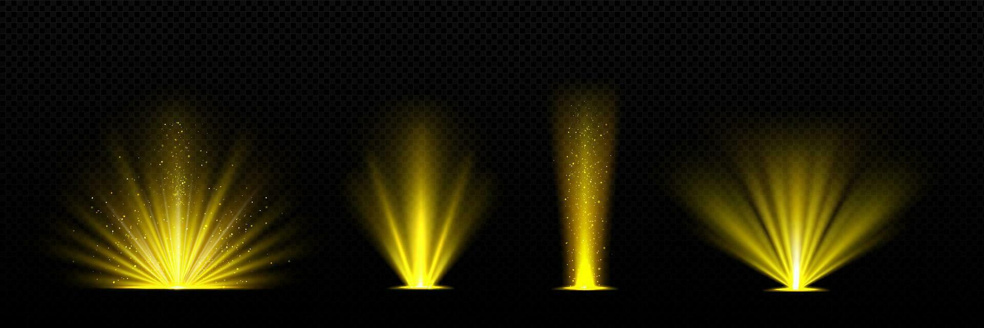 Realistic set of golden light shine on black vector