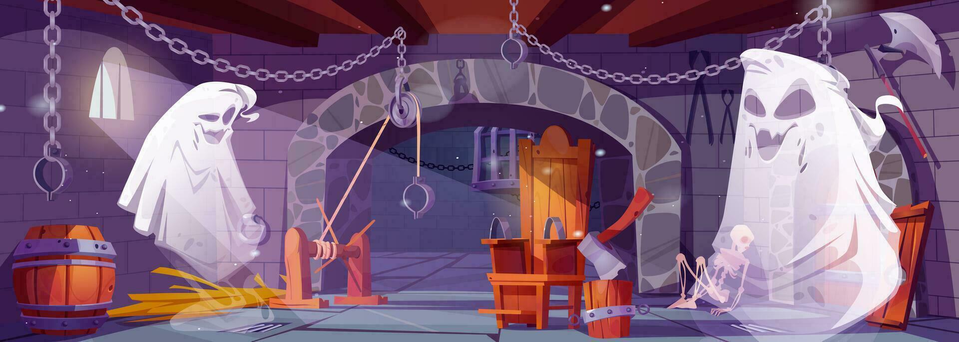 Cartoon vector medieval dungeon prison with ghost