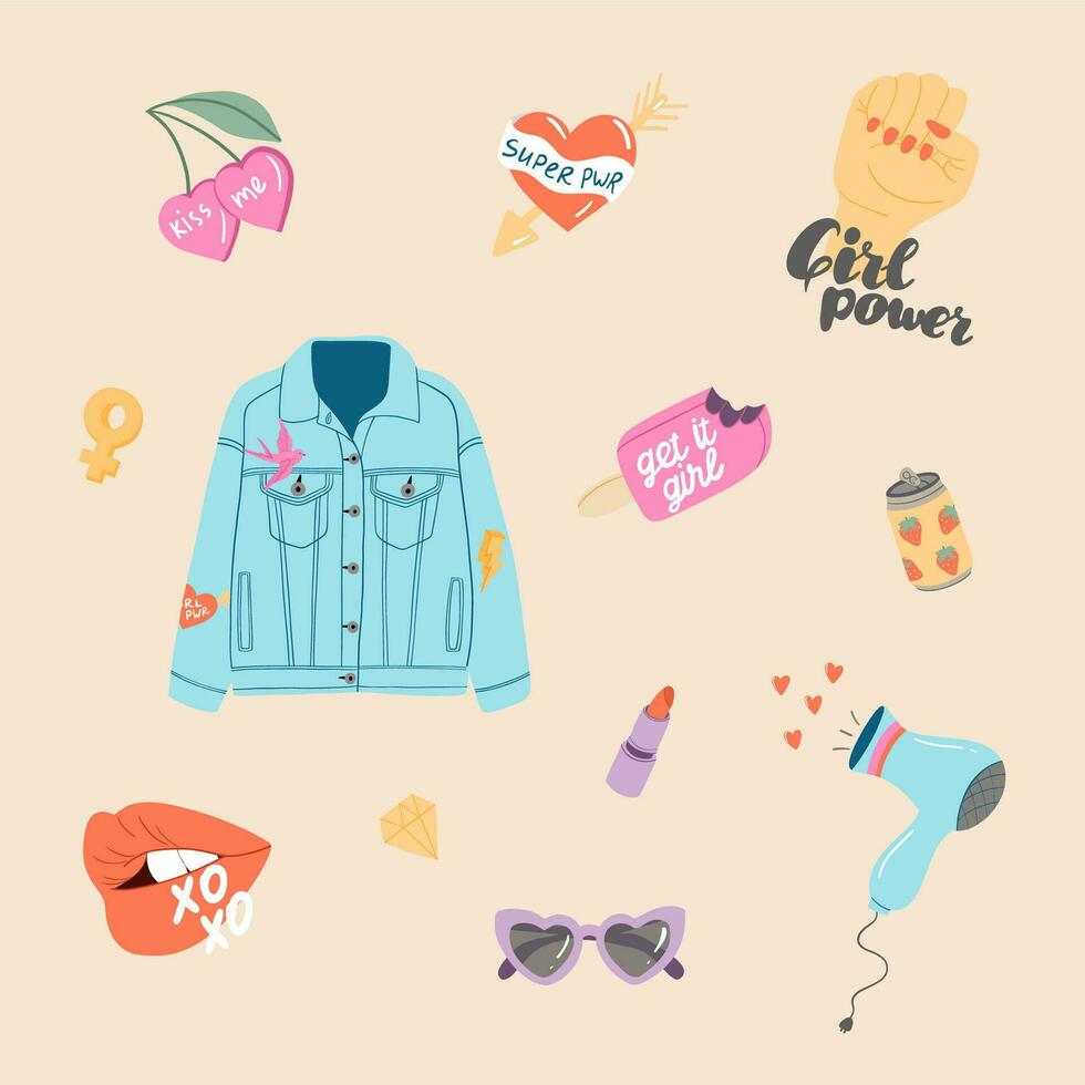 Trendy girly patches collection - jean jacket, lips, heart shaped, glasses, hair dryer, ice cream. Women rights. Super girl. Feminist movement symbols. Vector illustration