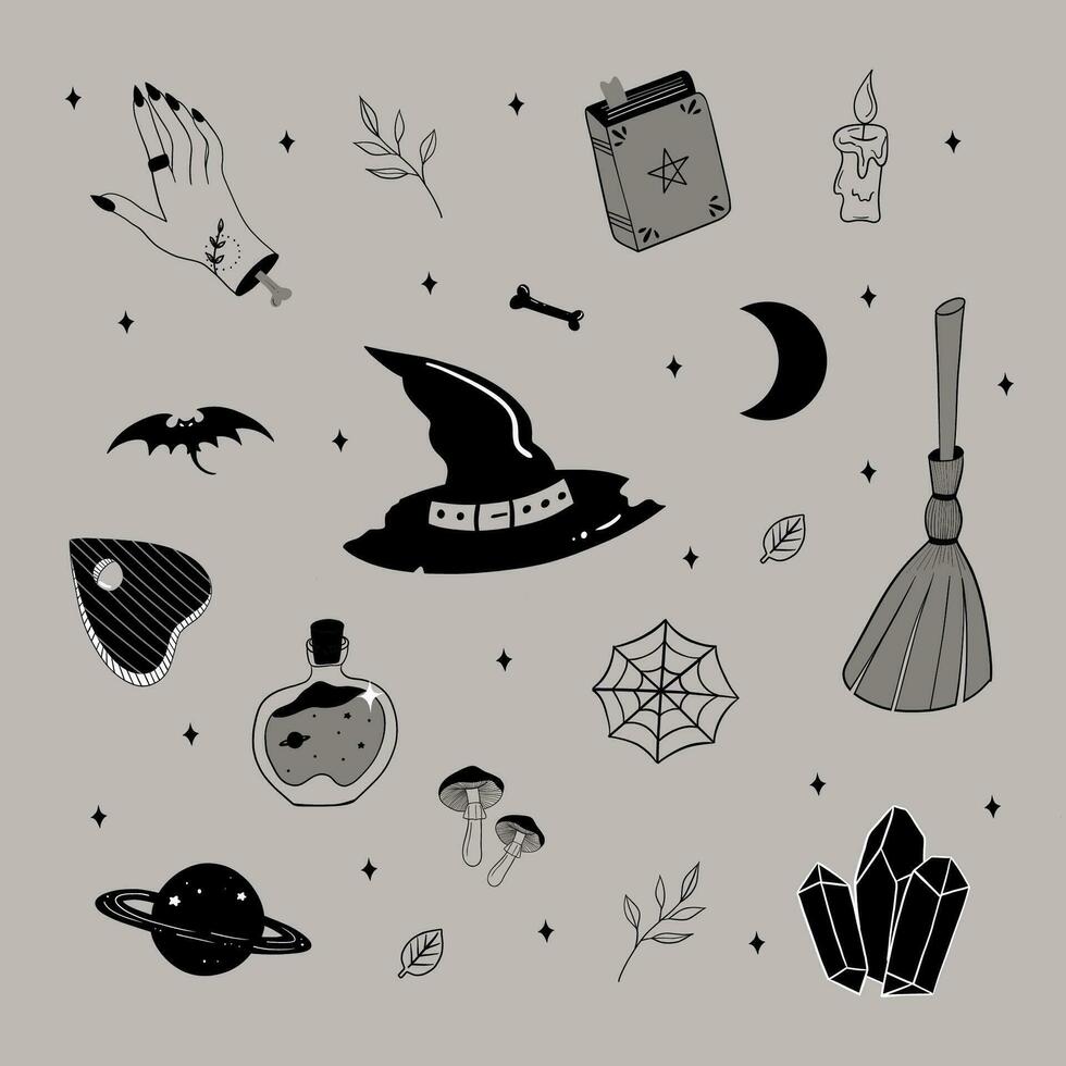 colección de bruja elementos. bruja sombrero, escoba, poción, magia libro, tabla de espiritismo junta, vela y otros ritual objetos. conjunto de místico mano dibujado elementos. aislado vector ilustración