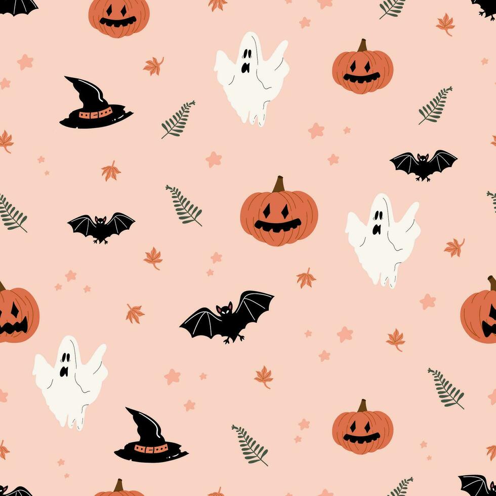 Seamless pattern with halloween elements. Ghost,bat, pumpkin with face, witch hat. Vector illustration