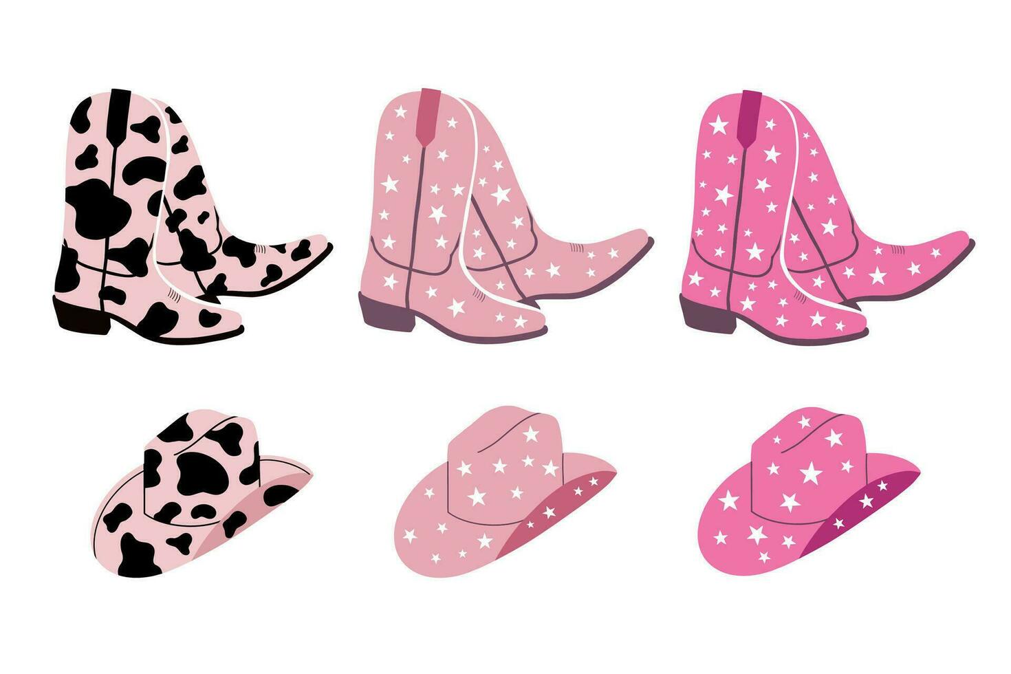 Collection cowboy boots and hats. Animal print. Cowboy western and wild west theme. Hand drawn vector illustration