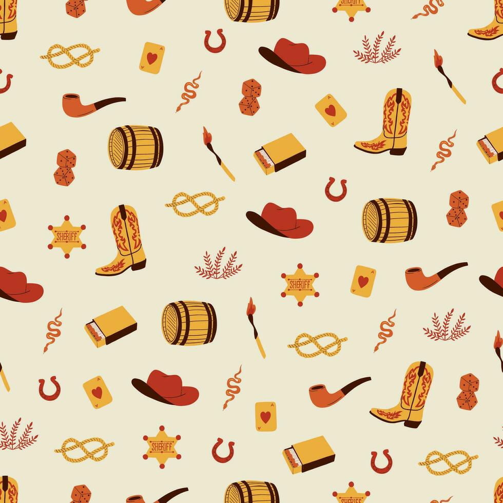 Seamless pattern with western elements. Cowboy boots and hat, sheriff badge, horseshoe, matches, barrel, rope, bones. Wild west elements. Vector set