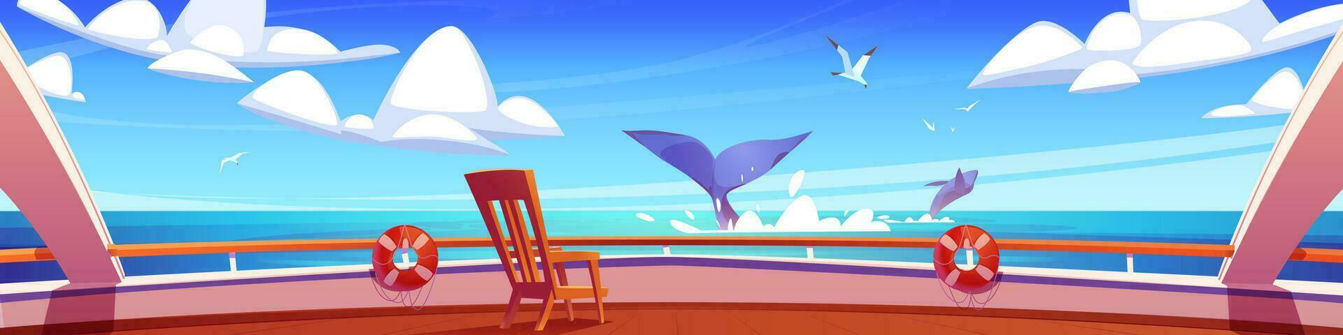 Cruise ship deck with gull birds and whale view vector