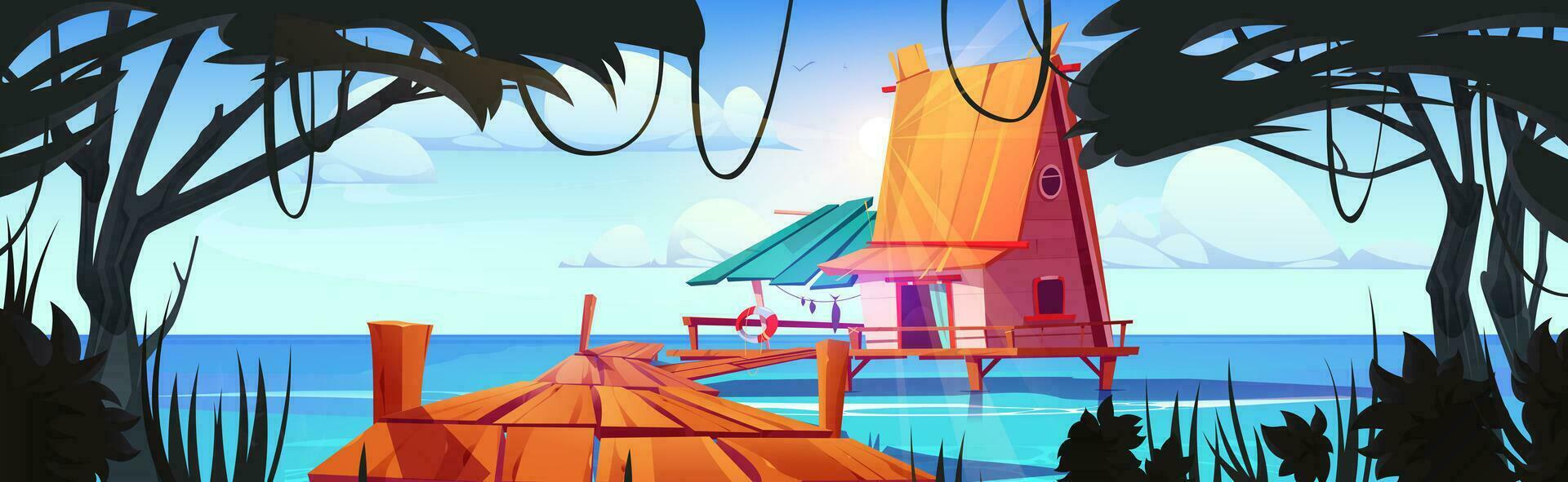 Small fisherman hut on stilts in sea water vector