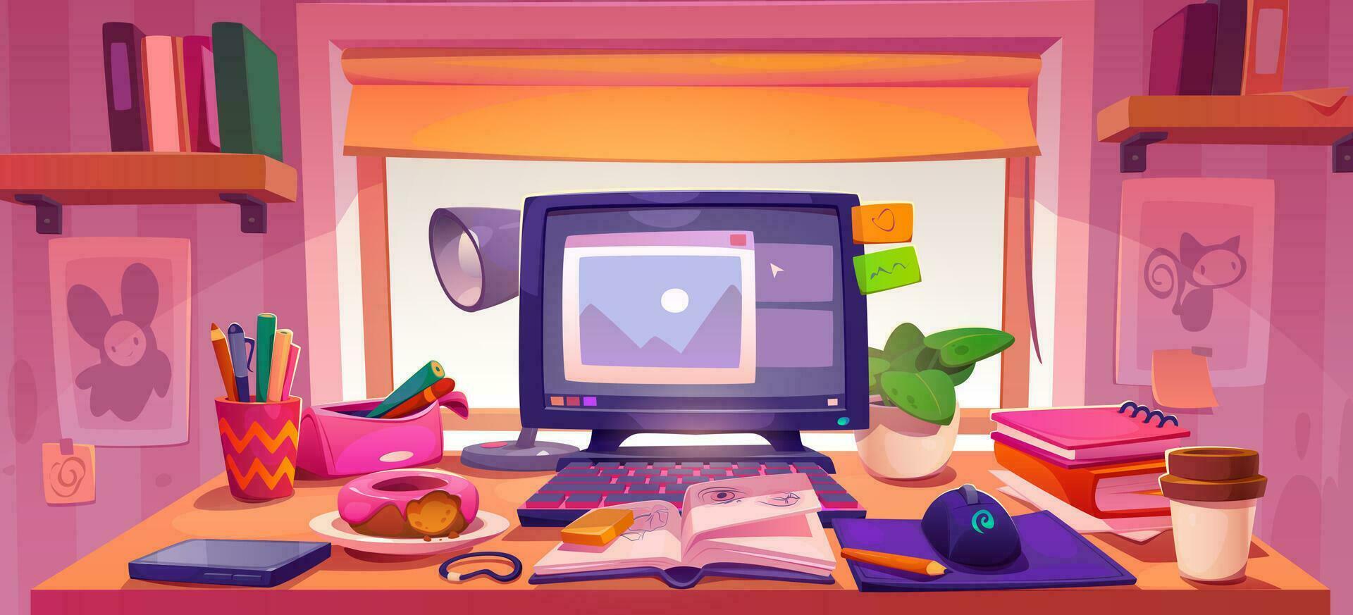 Workspace near window in girl room with pink walls vector