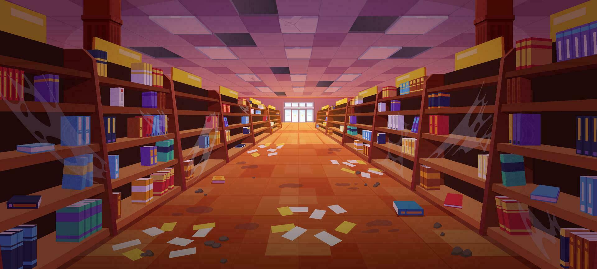 Abandoned book store vector cartoon background