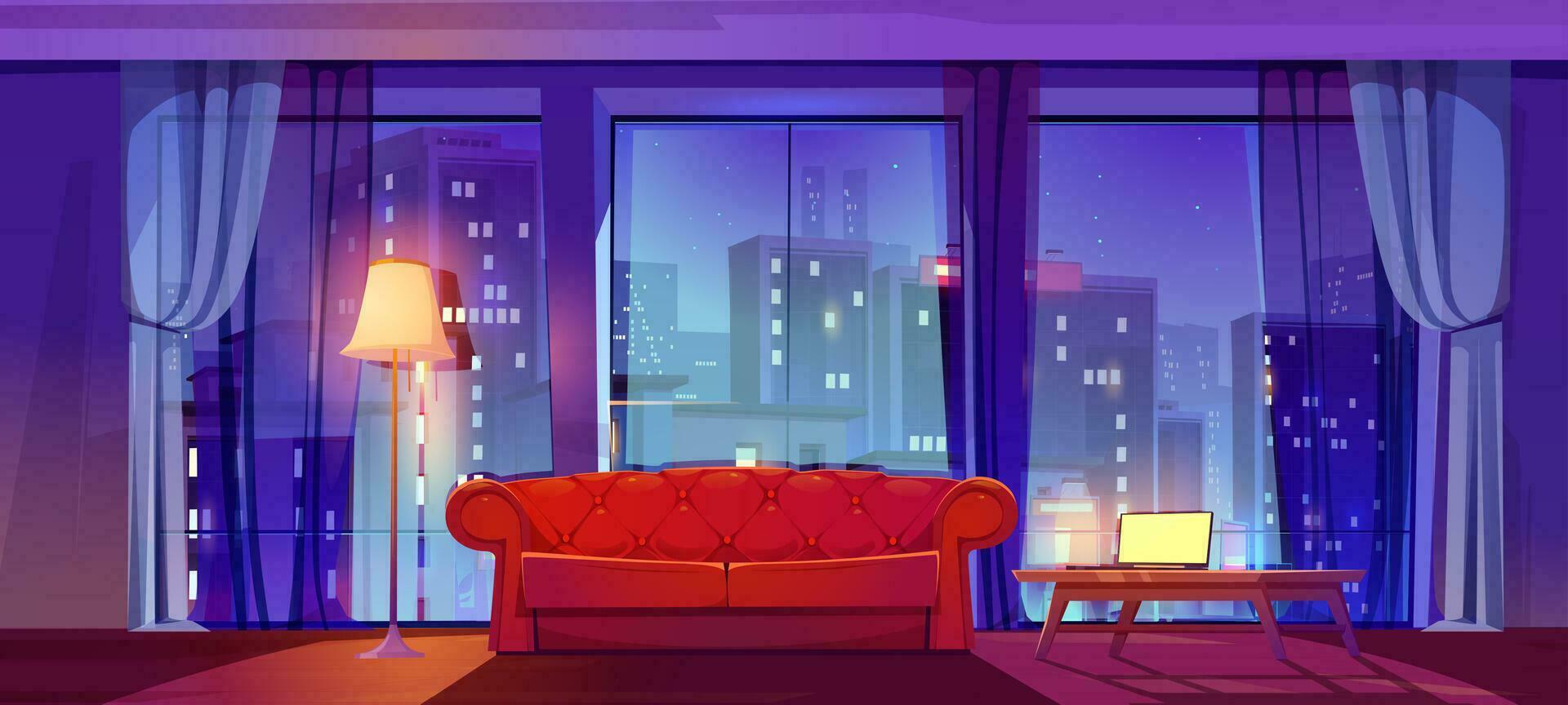 Cartoon living room interior with night city view vector