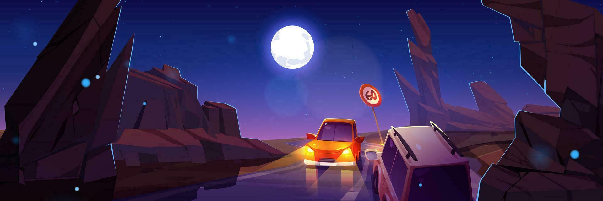 Night car road traffic in canyon illustration vector