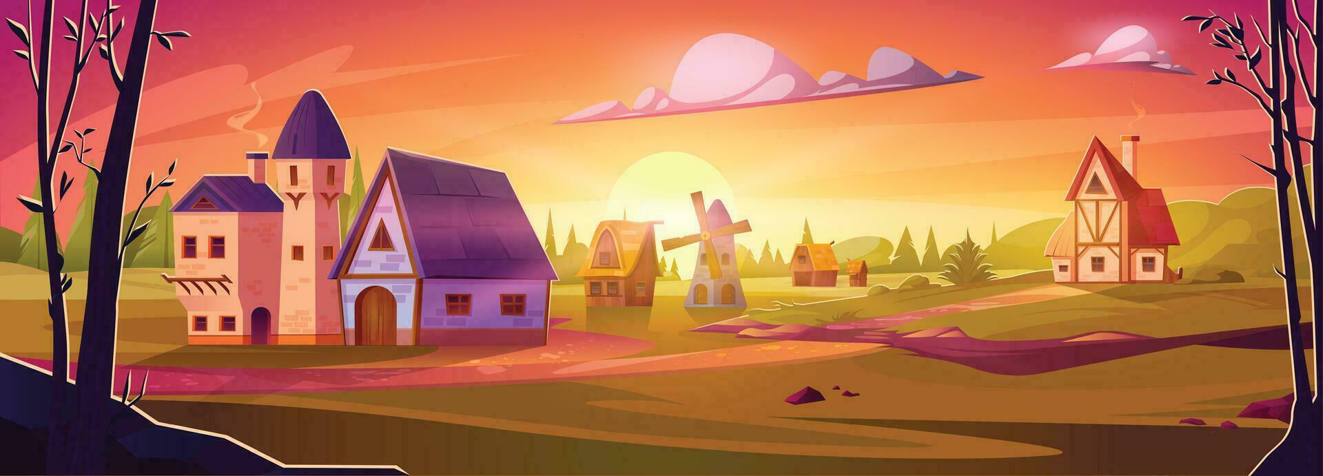 dibujos animados medieval pueblo a puesta de sol vector