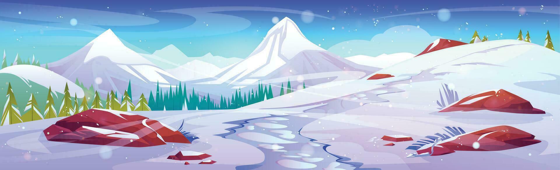 Winter snow mountain landscape cartoon background vector