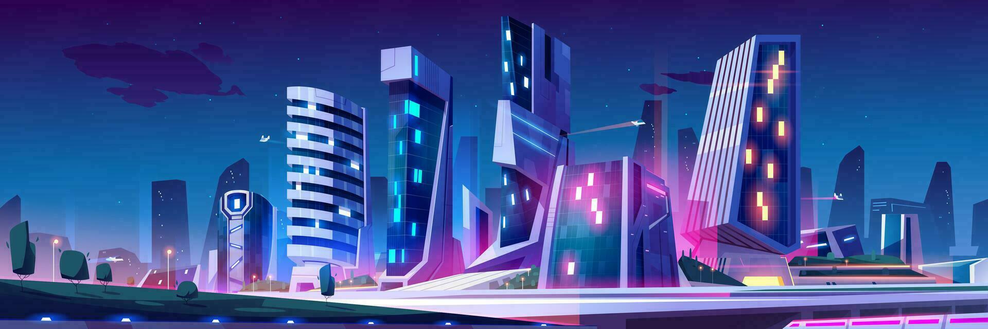 Night future city building skyline background vector