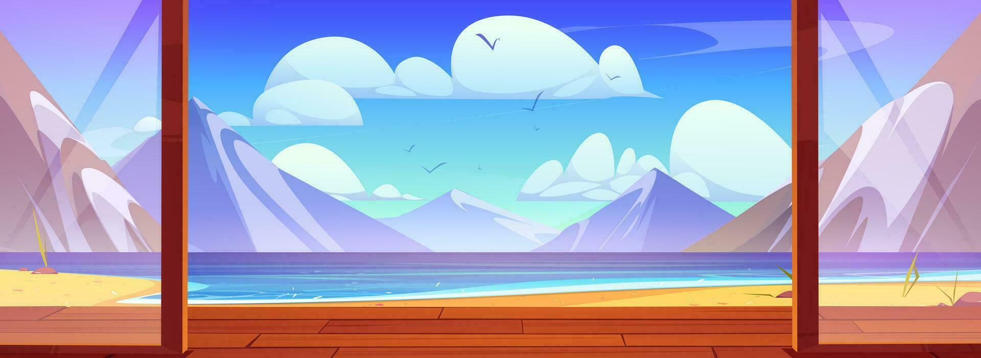 Mountain lake view from wooden terrace vector