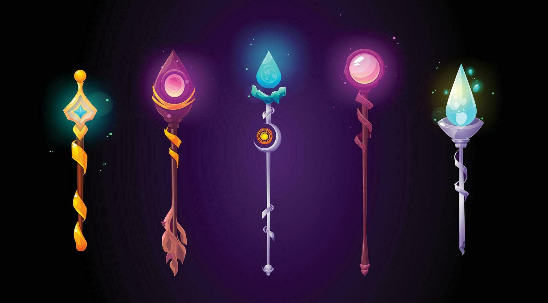 Set of magic power staffs isolated on background vector