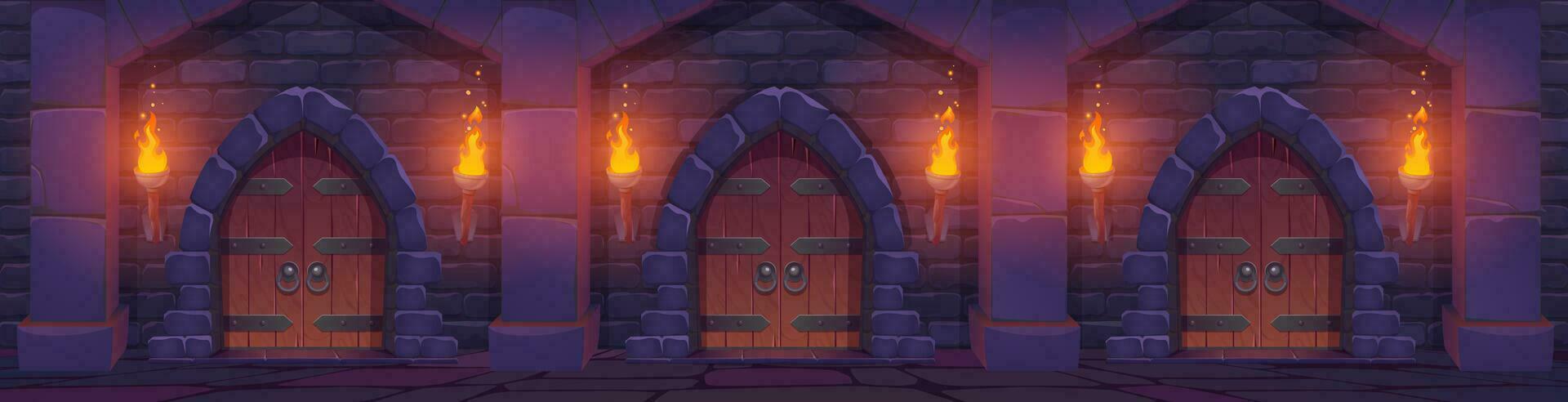 Cartoon medieval castle dangeon with wooden doors vector