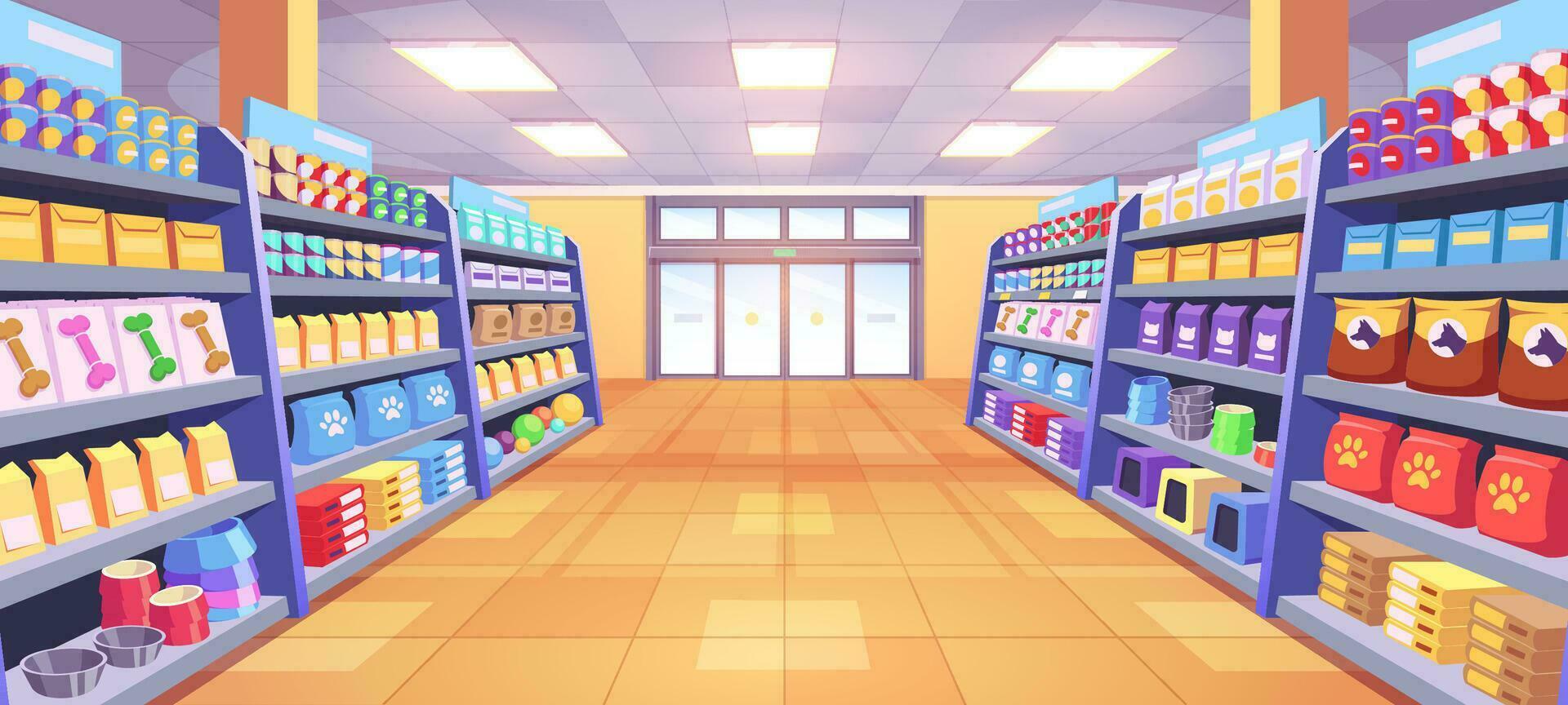 Pet shop interior with dog toy, cat store aisle vector