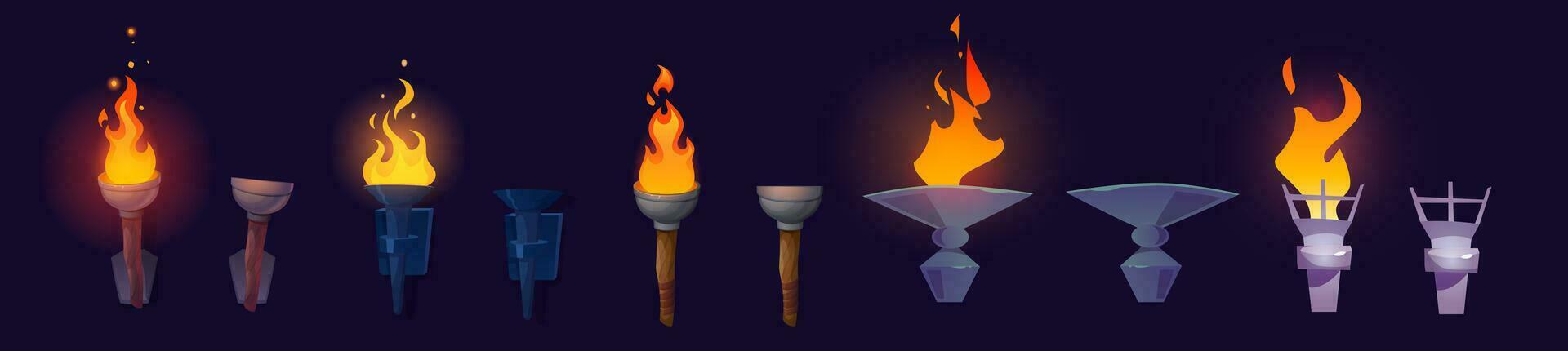 Cartoon set of burning and extinct torches vector